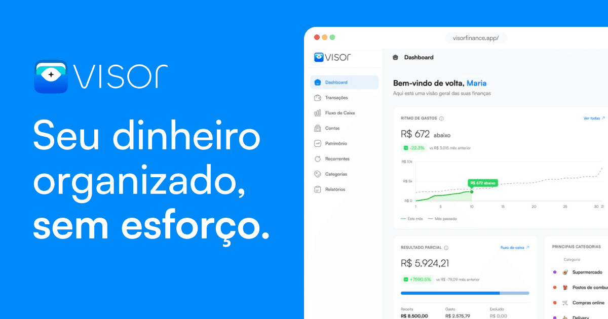 Imagem mostra a plataforma do Visor com os dizeres "seu dinheiro organizado, sem esforço"